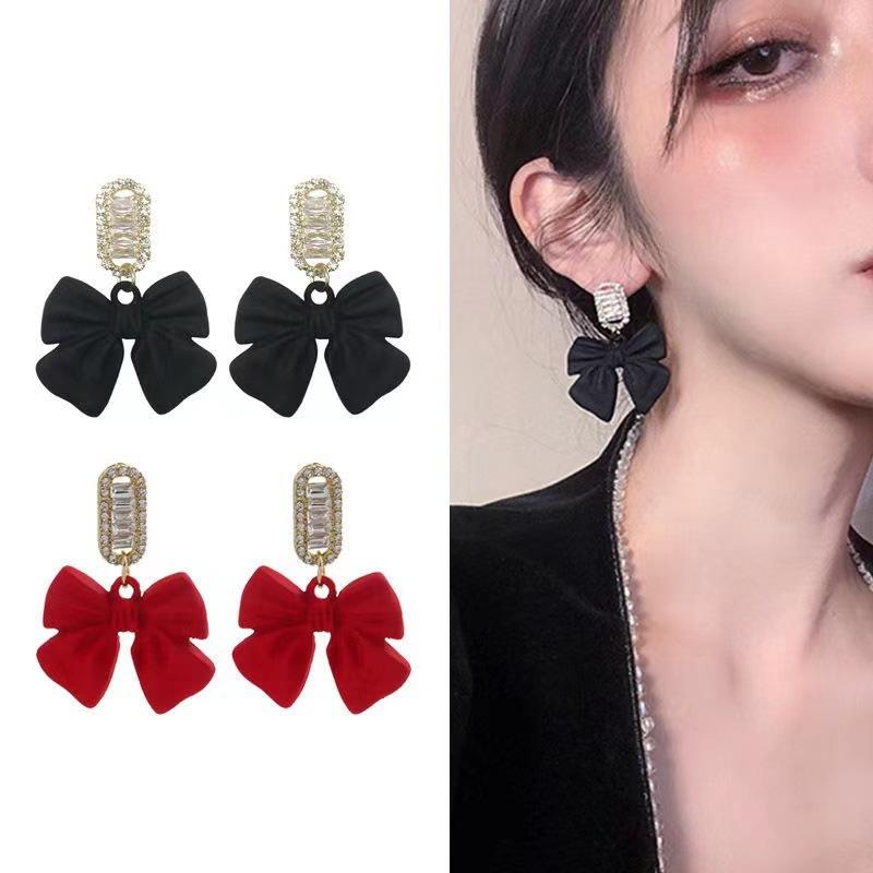 Women French Style Black Ribbon Bow-knot Earrings for Girls Unique Cute Golden Silver Elegant Black Bowknot Stud Earring