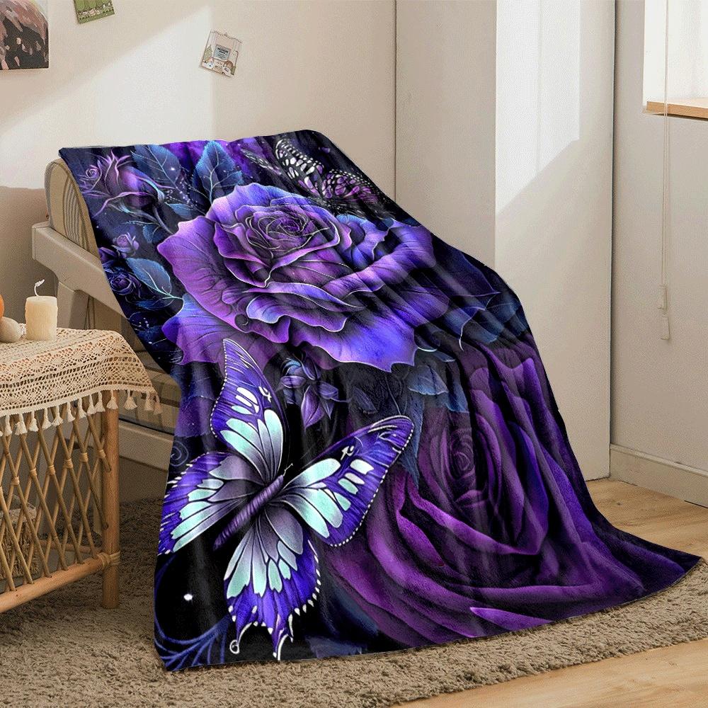 Purple Roses and Butterflies Against a Dark, Starry, and Cosmic Background. for All Seasons Blanket Lunch Break Throw Gift