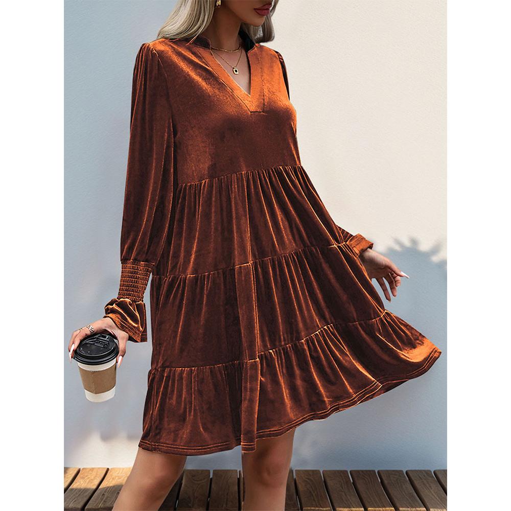 Women's Casual V Neck Long Sleeve Velvet Dress Fall Babydoll Dress Flowy Cocktail Wedding Party Shift Dresses