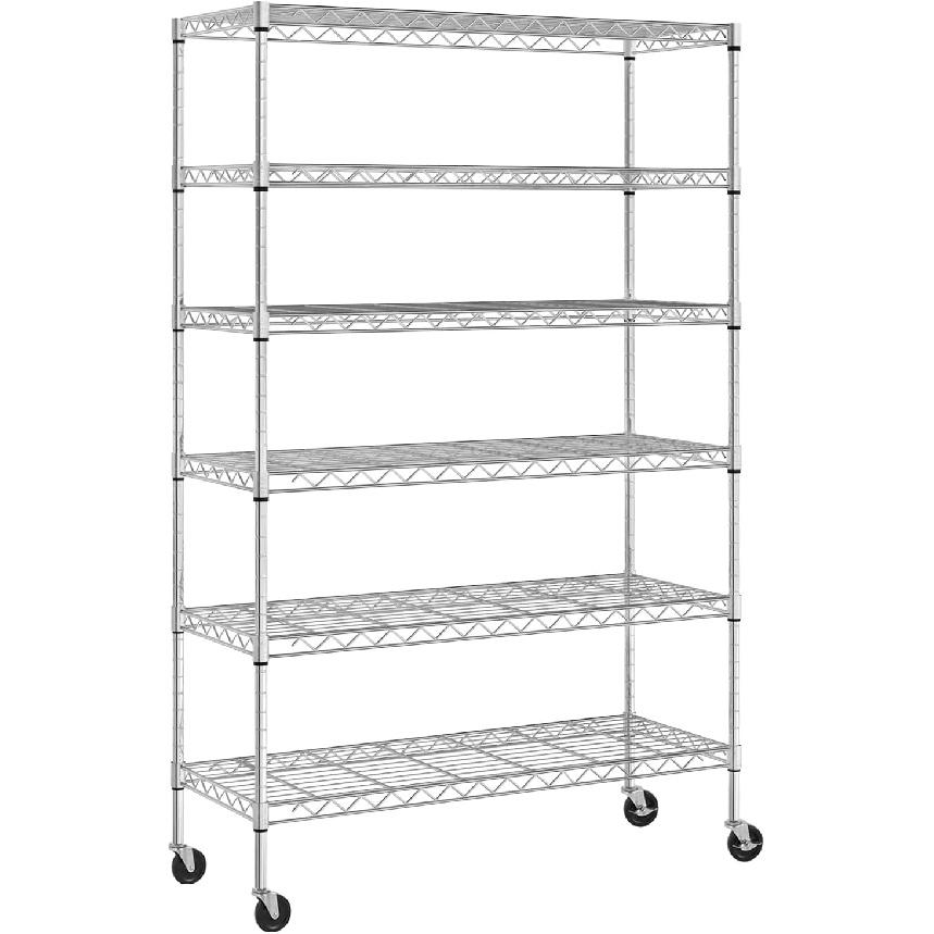 Metal Shelves 6 Layer Wire Shelving On Wheels Heavy Duty Metal Storage Rack Utility Shelves 48" NSF Steel Racks 2100 LBS Capacity Adjustable Standing