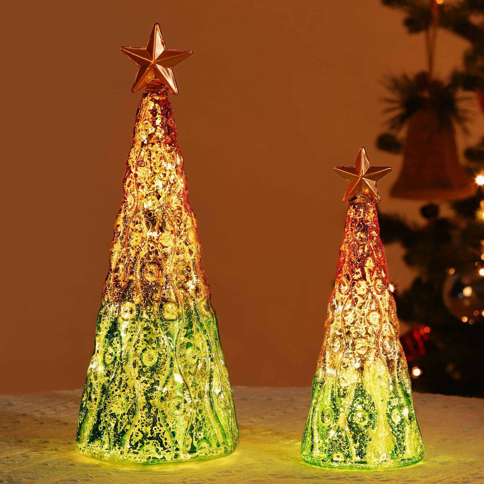 

Lewondr Small Tabletop Christmas Tree Set of Mercury Finish Glass Christmas Tree Ornaments with LED Battery Perfect for Entrance and other 2, 1026cm