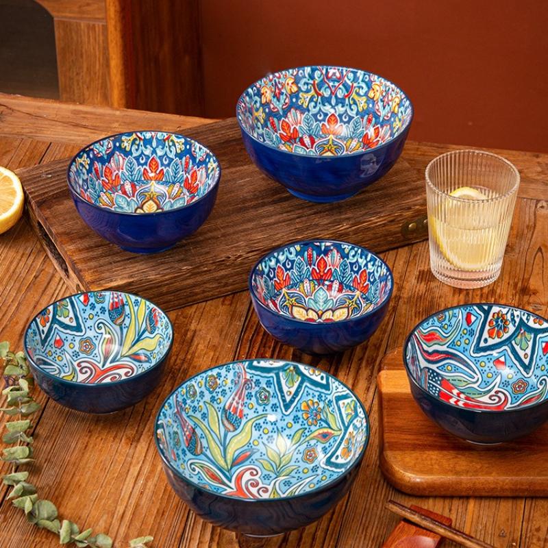 Bohemian Ceramic Bowl Set of 5 Colorful Floral Rice Noodle Soup Bowls for Kitchen Dining