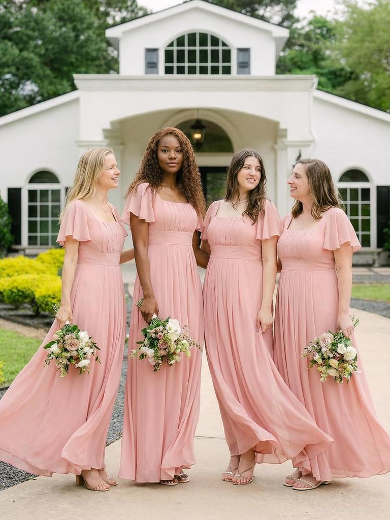 Ever-Pretty Women's Spring Short Sleeves Square Neck Chiffon Tie Back Elastic Back Waistband Formal Wedding Guest Dress Bridesmaid Dresses