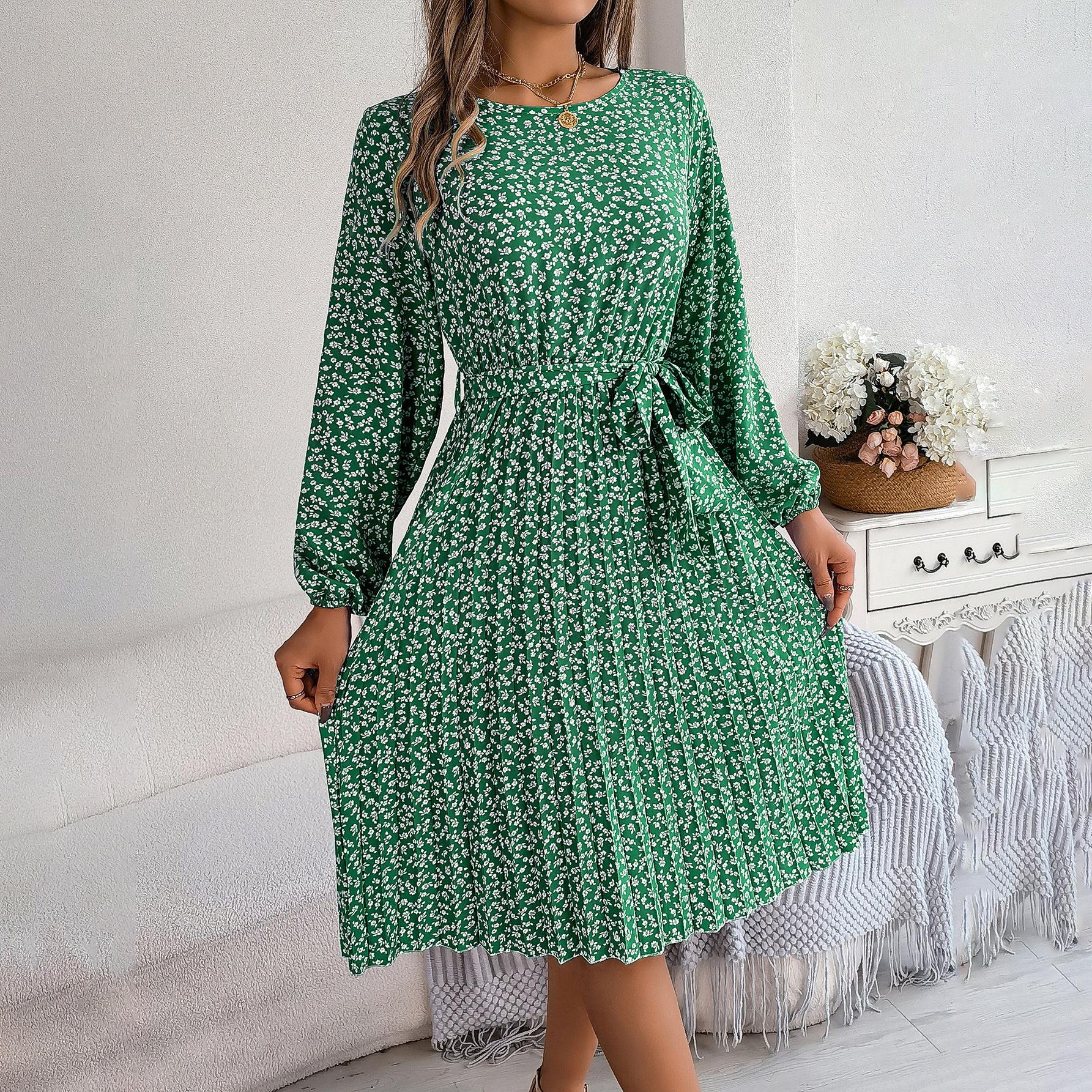 

Весенне-летнее женское длинное платье с длинным рукавом и круглым вырезом с цветочным принтом и высокой талией XL зелёный