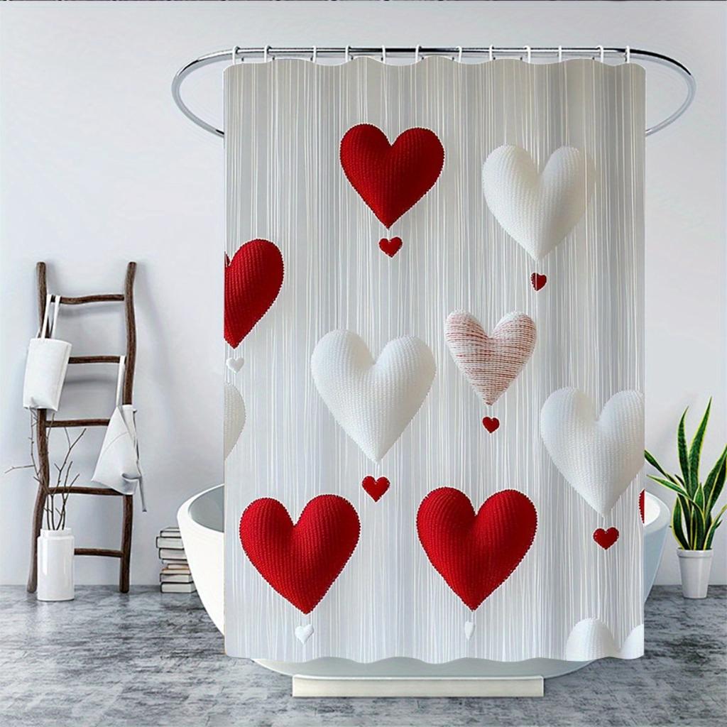1/4pcs Red and White Love Hearts Shower Curtain Set Valentine Day Gift Waterproof Fabric Bath Curtain with 12 Hooks Non Slip Rug and Toilet Cover
