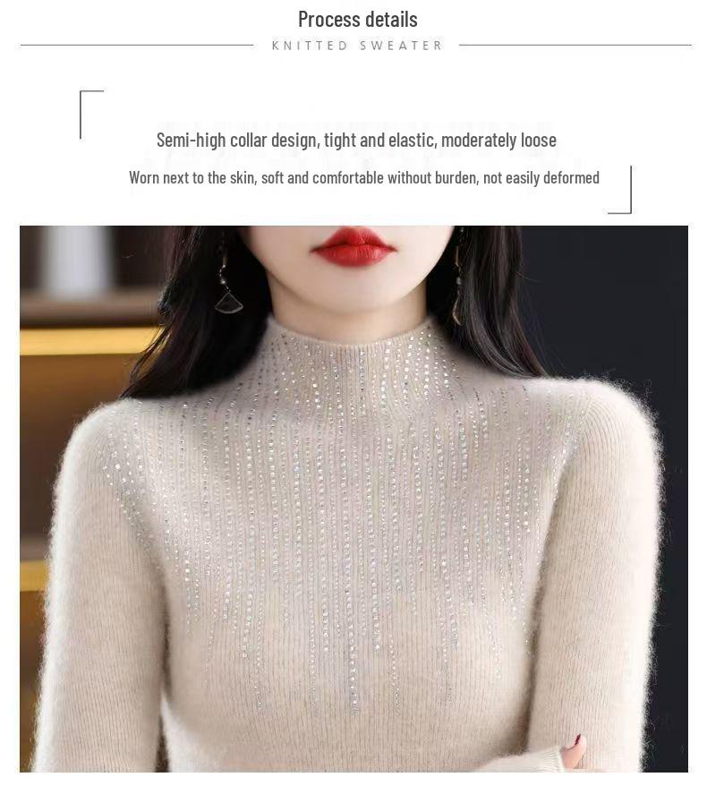 2025 Autumn/Winter Women's Rhinestone Cashmere Sweater - Semi-High Neck & Slimming Fit