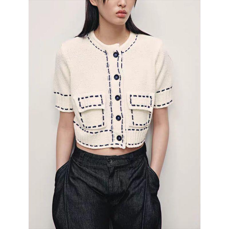 Za2025 Spring New Women Clothes String Decoration Creative Fashion Round Neck Short Sleeve Knitted Short Coat 3920148