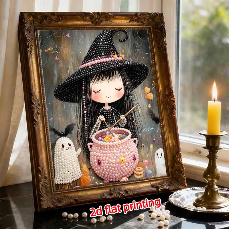 Frameless Pearl Painting Kit Cute Little Witch Cauldron Pattern DIY Shiny Bead Canvas Creative Leisure Craft Gift for Adults