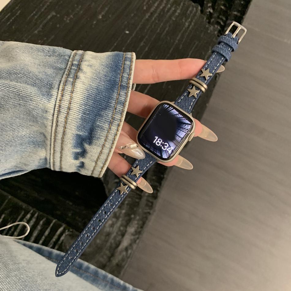 

Strap For Apple Watch Band S11/10/9/8/7/SE/6/Ultra Watch 49/46/45/44/42/41/40/38mm Fashion Denim Retro Star Metal Rivet Bracelet 38 40 41(S11 10)42MM