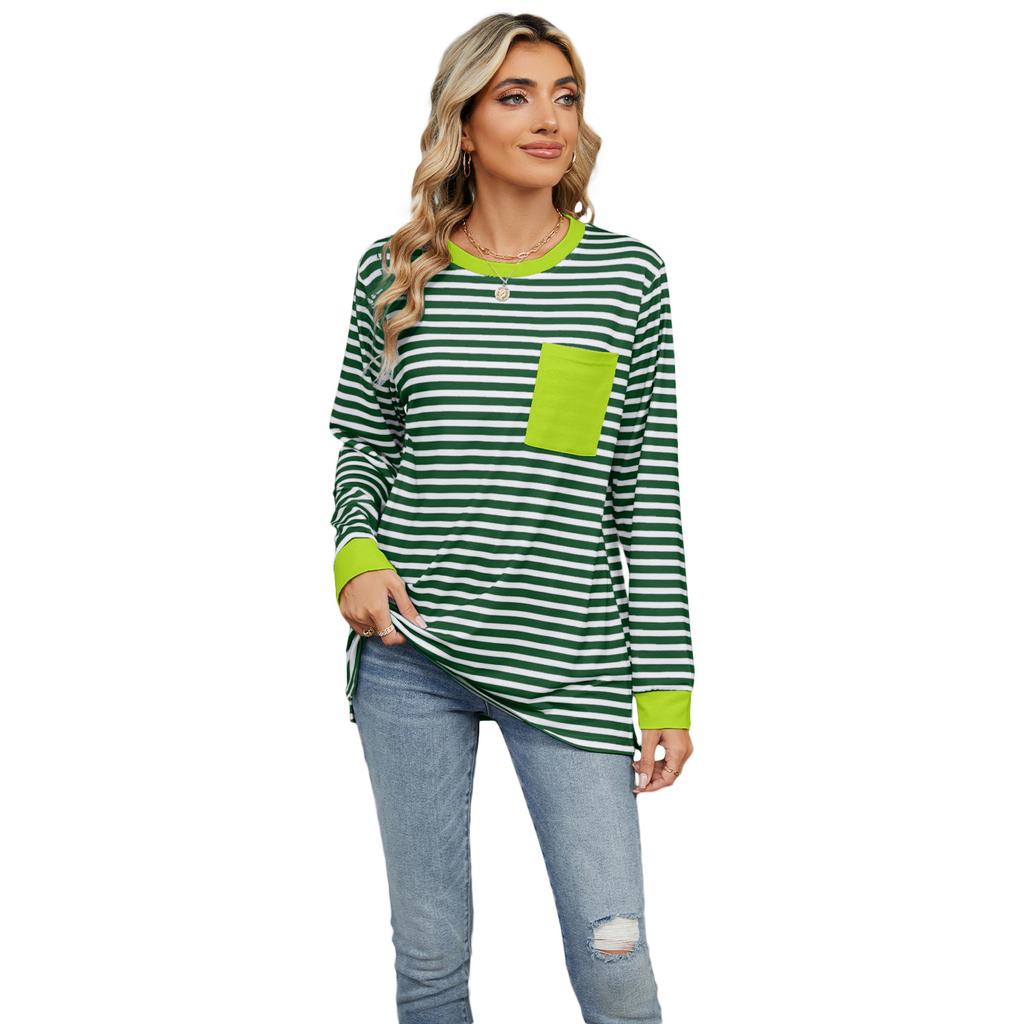Spring Autumn Long Sleeve O Neck Striped Single Pocket Women Pullover T Shirt Blouse Top