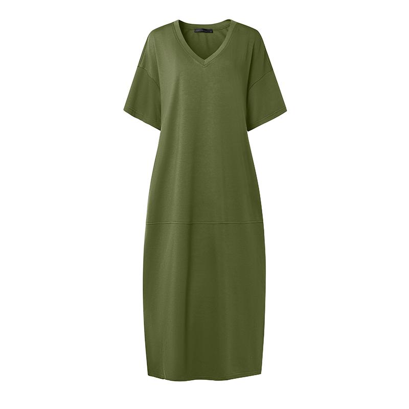 ZANZEA Women Casual V-Neck Loose Half Sleeve Long Dress