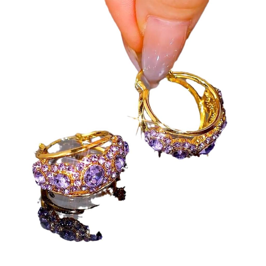 Real Gold Electroplated Foreign Gas Purple Full Diamond Earrings, Ear Buckles, High-end Niche Design, Light Luxury and Versatile Temperament Earrings