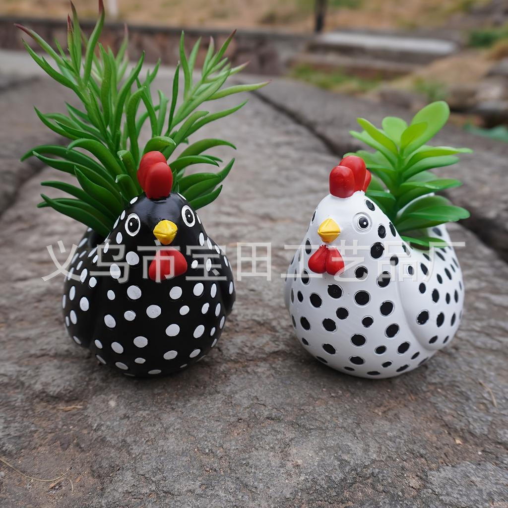 Resin black and white chicken outdoor flower pot, succulent flower pot garden chicken flower pot statue is suitable for home and garden