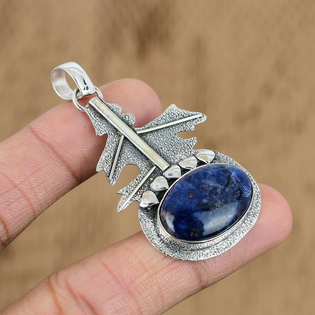 Natural Sodalite Gemstone Indian Jewelry 925 Sterling Silver Pendant For Women