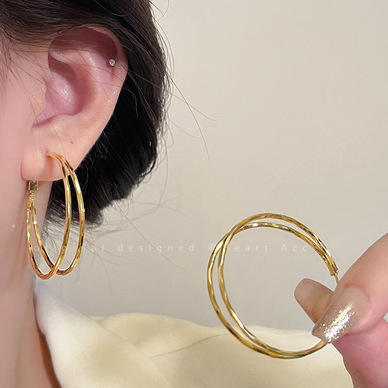 

Fashion Exaggerated Stainless Steel Smooth Surface Silver Color Double-ring Circle Hoop Earrings for Women Temperament Jewelry золотий