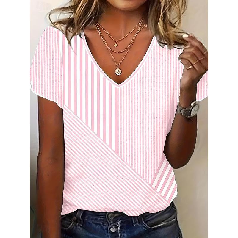 Women s T Shirt Striped Stylish Casual Short Sleeve V Neck Regular Tops Daily Print Pink Summer Spring S