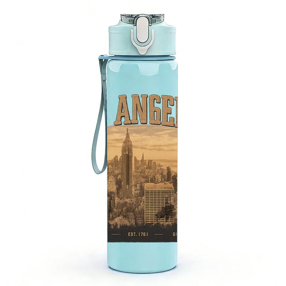 1PC Los Angeles City Print 750ml Color Plastic Sports Water Bottle Leakproof Flip Straw Lid Suitable for Sports Office Home Use