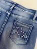 European and American Style Horse Embroidery High Waist Elastic Denim Straight Leg Pants for Women