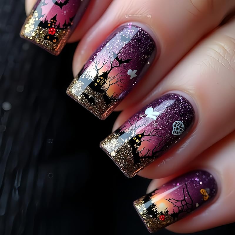 Press on Nails Halloween Square French Tip Fake Nails Mummy and Cobweb Designs Stick on Nail Nude Color Acrylic Nail Halloween Glue on Nails Full