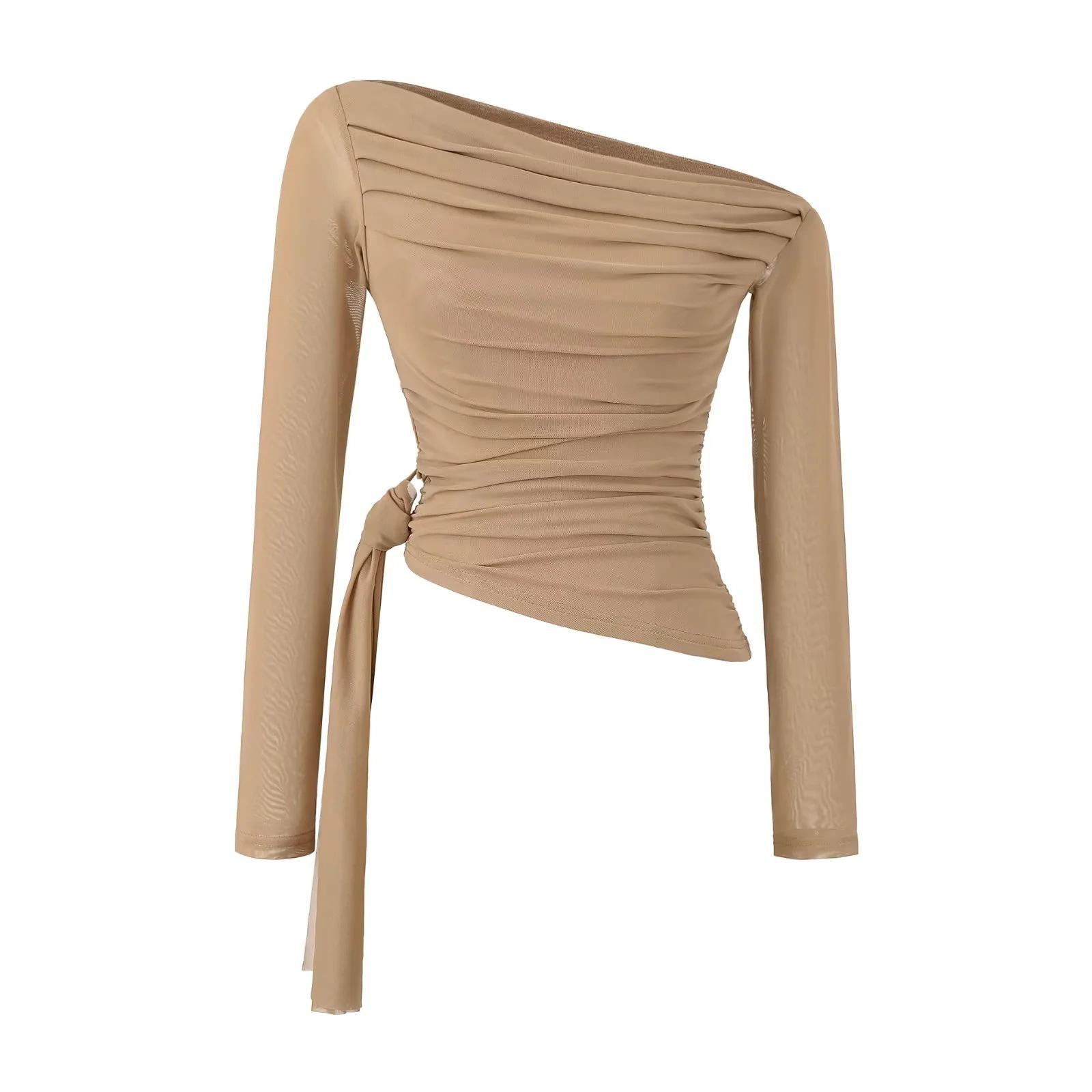Spicy Girl Off-Shoulder Pleated Mesh Long-Sleeve Slim Fit Top for Women Small хаки