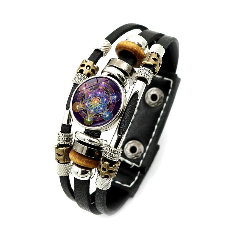 Mysterious Metatron Cube Vintage Bracelet Sacred Geometry Flower of Life Snap Button Multilayer Punk Leather Bracelet Wholesale