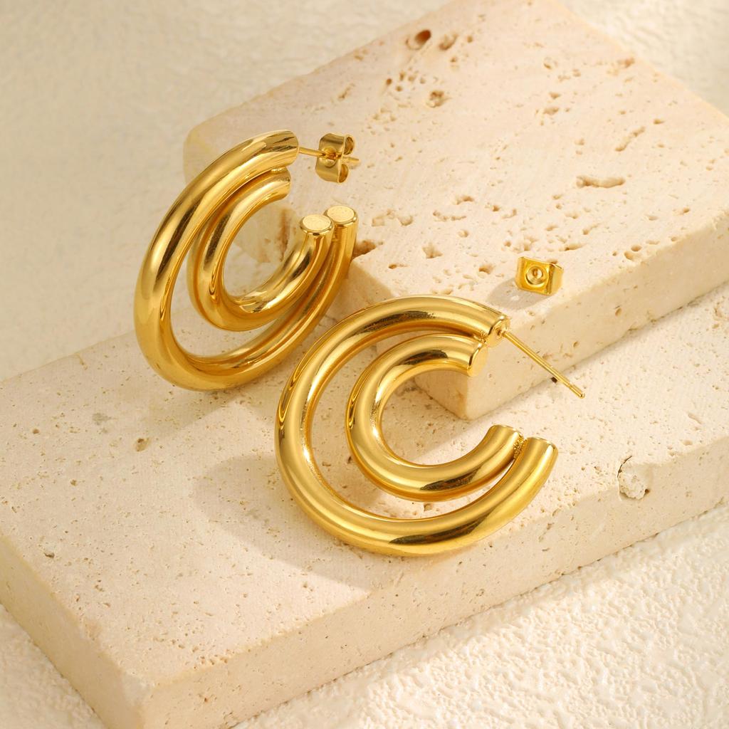 Classic C-shaped Earrings for Women,Gold Plated Stainless Steel Double Round Tube Earrings,Unique Jewelry Mother's Day Gift