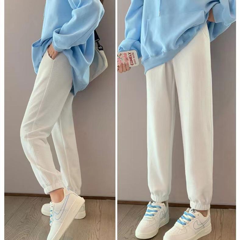 Women's Mid Rise Joggers Loose Fit Waffle Knit Casual Pants Harem Sweatpants Solid Color Trousers For Spring Daily Wear