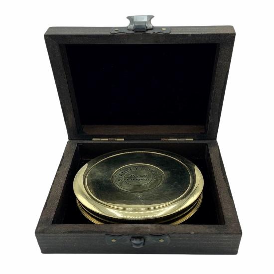 Grande boussole de poème en laiton, bronze ou noir de 3 po dans une boîte en bois