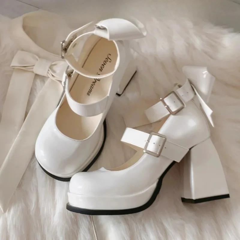 Fashion Lolita Shoes Pink Kawaii Shoes Leather Bow Platform Mary Jane Single Shoes Womens Sweet High Heels Japanese Original Pumps