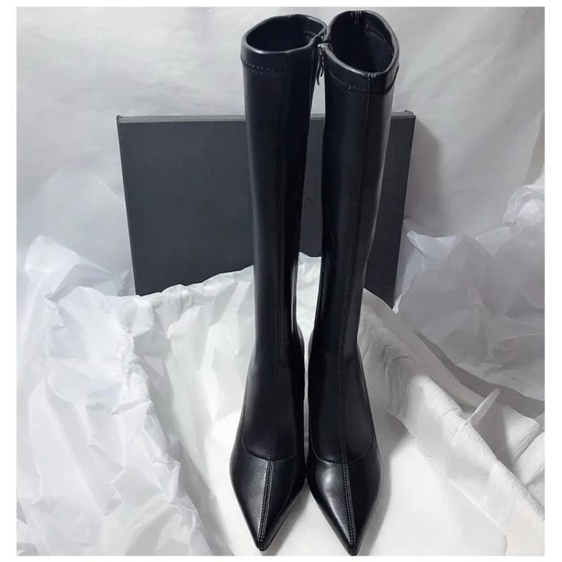 Fashion Sexy Thigh High Boots for Womens Pointed Toe Knee-High Boot Pu Leather Side Zipper High Heels Modern Shoe Zapatos De Mujer
