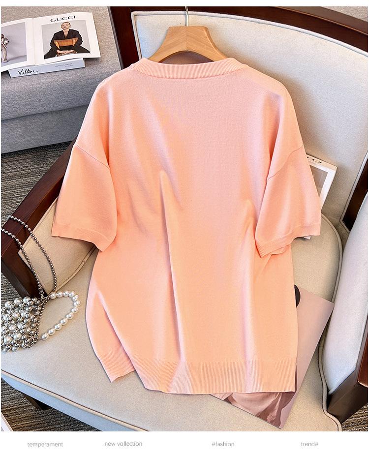 Plus Size Women's Summer Ice Silk Knit Slimming T-Shirt, Short Sleeve - Style 8110