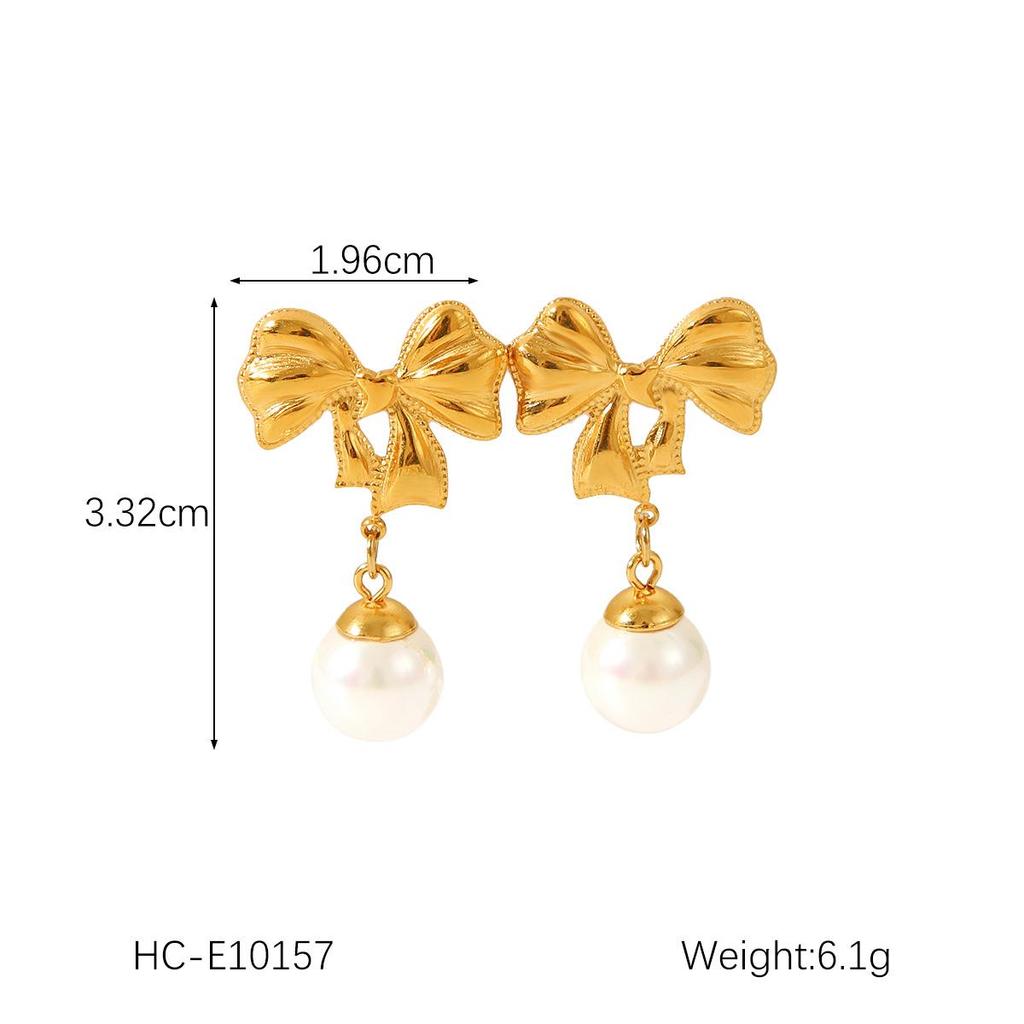 18K Gold French-Style Bow Studs with Titanium Steel, Butterfly, and Pearl Accents
