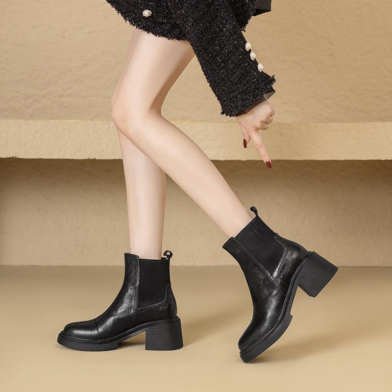 Chic Is Very Good-Looking~ Small Thick-Soled Thick-Heeled Round-Headed Martin Boots Women'S High-Heeled Thin Versatile Chelsea Short Boots