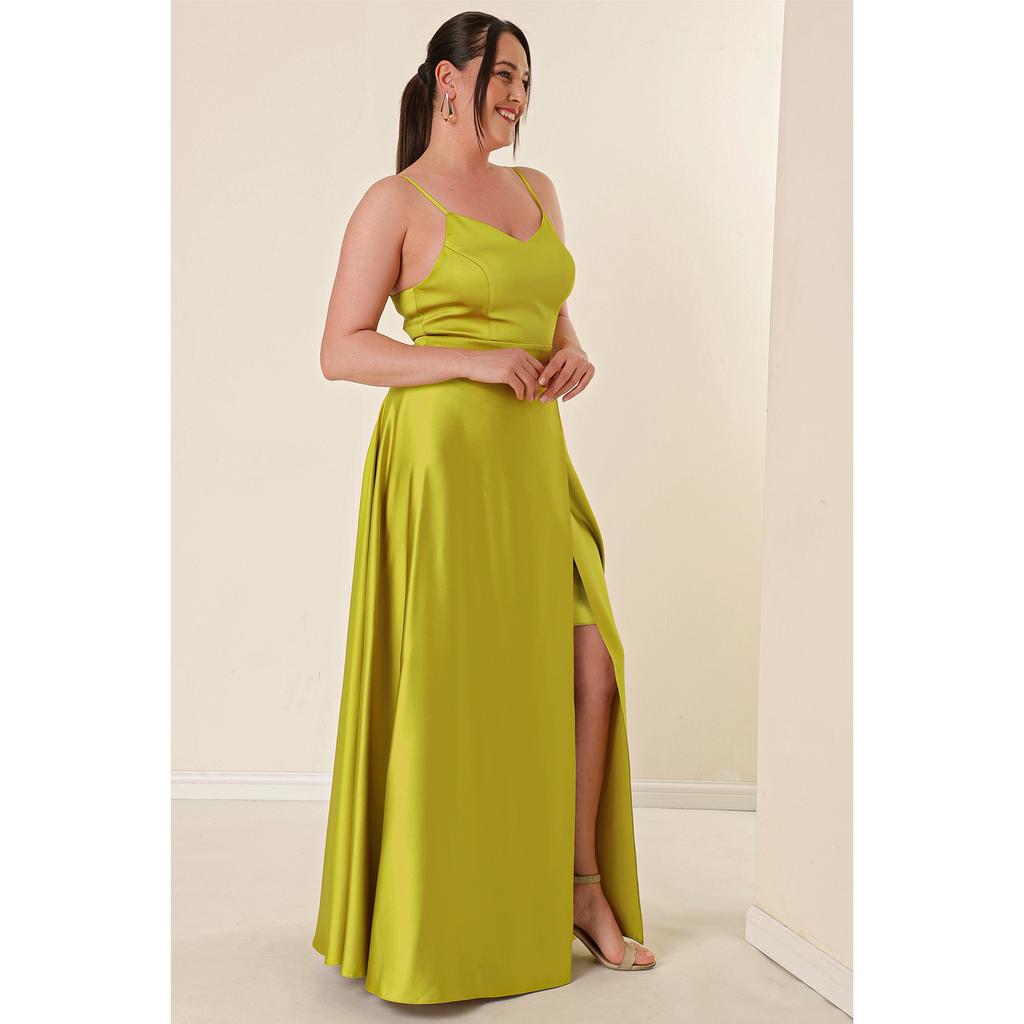 İp Askılı Astarlı Önden Yırtmaçlı Büyük Beden Uzun Saten Elbise