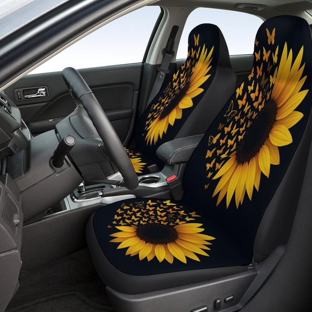 Sunflower Butterflies Designed Car Seat Cover Set For Most Cars, High-Quality Comfortable Car Seat Protector Covers Full Set, Un