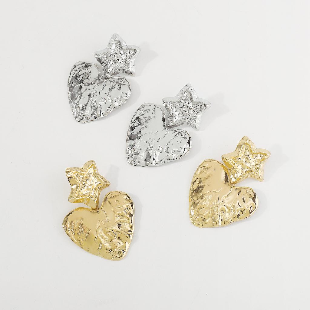 Women Fashion European American Retro Heart Dangle Earrings Star Irregular Tin Foil Surface Creative Punk Elegant Ear Jewelry