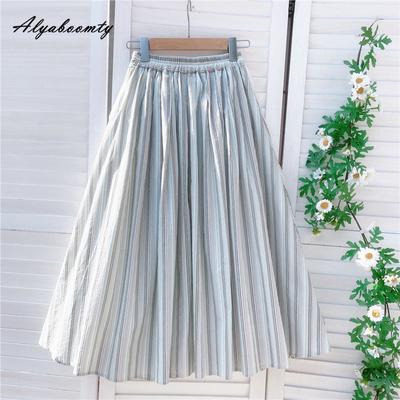 Mori Girl Sommer Herbst Frauen Gestreifter Midi A-Linie Rock Hohe Taille Baumwolle Leinen Vintage Rock