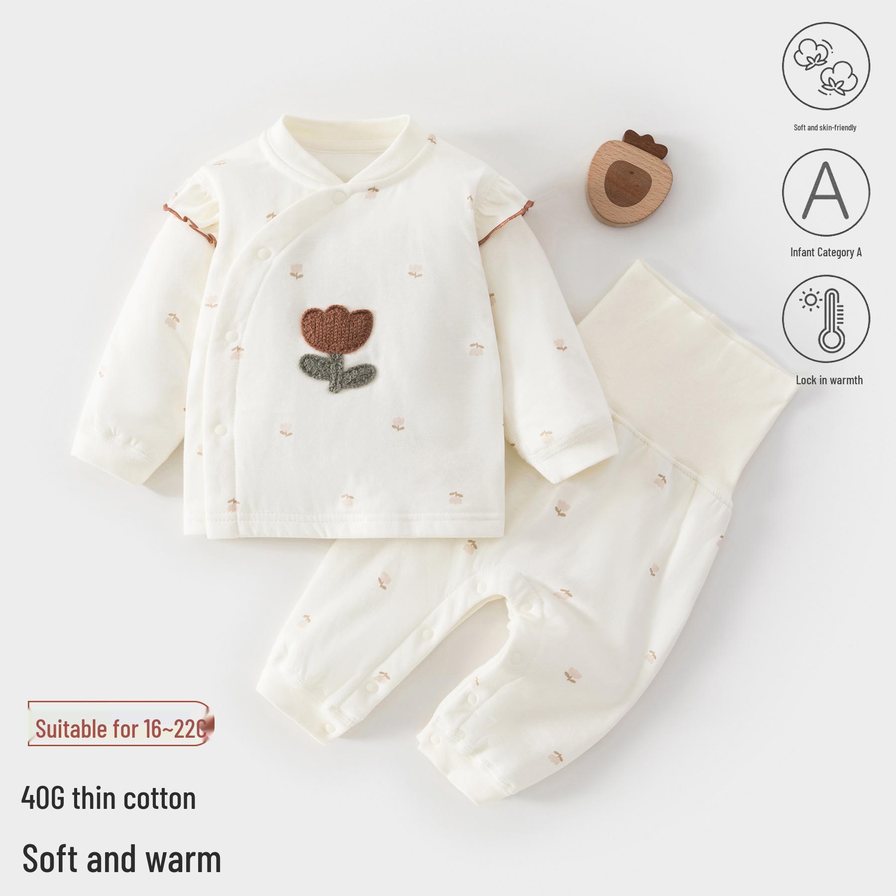 

Class A Cotton Baby Long-Sleeved Top & High-Waisted Pants Set, Snap Button, All-Season, Lightweight, Newborn Underwear Size 66 (Up to 15 lbs)