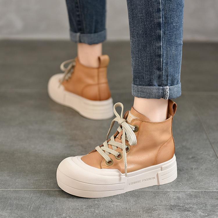 Johnature Genuine Leather Flat Platform Shoes Casual Round Toe Thick Soled Shoes Versatile Lace Up Short Boots