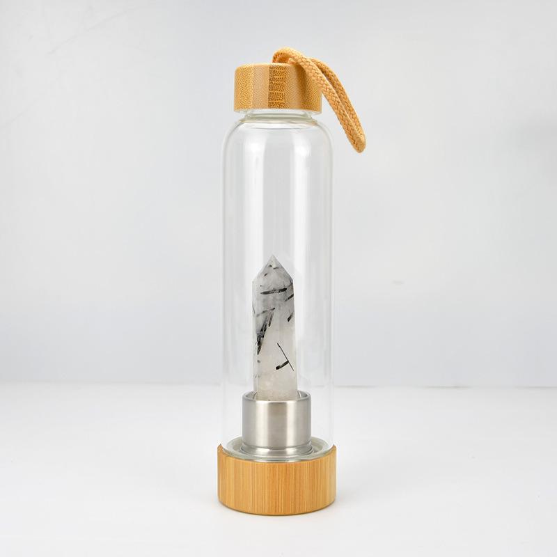 Crystal Stone Energy Pillar Glass Water Cup Bamboo Cap Natural Crystal Set Glass Cup