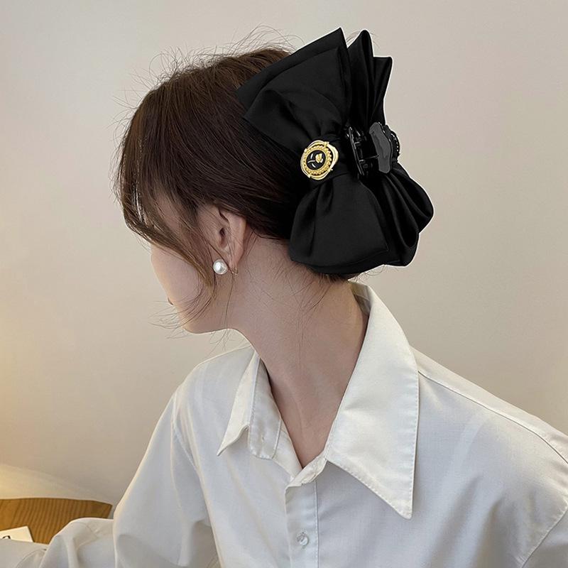 Large Distressed Black Flower Bow Claw Clip - High-End French Hair Accessory for Women