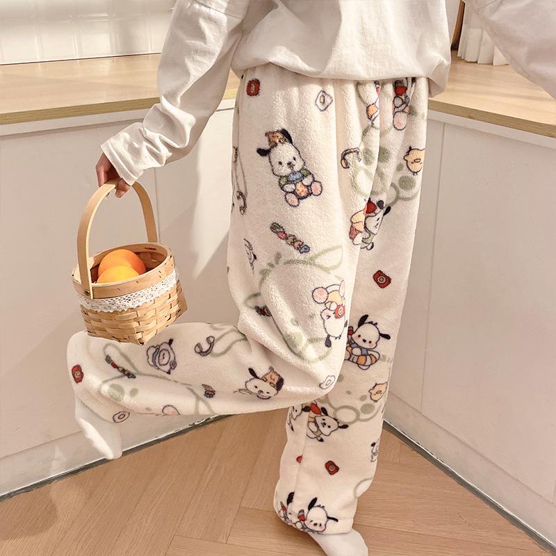 Korean Style Women's Fleece Pajama Pants - Flannel Cartoon Design for Autumn and Winter