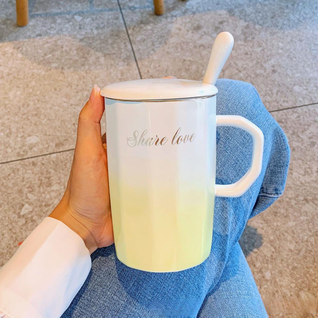 Verlaufende Farbe Leichter Luxus Luftbecher mit Deckel Löffel Keramiktasse für Heimgebrauch Frauen Paar Wasserbecher Büro Kaffeetasse