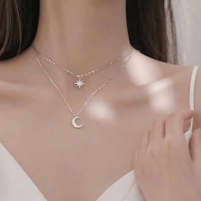 Double Layer Necklace for Women Twinkle Star Moon Choker Necklace Faux Diamond Pendant Rhinestone Clavicle Chain Jewelry Accessories