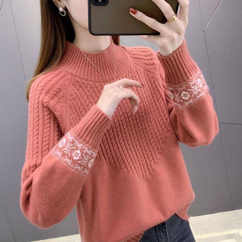 Autumn Winter Women's Half Turtleneck Sweater Loose Thick Pullover Knitted Top Jacquard Elastic Knitted Top Jumper.