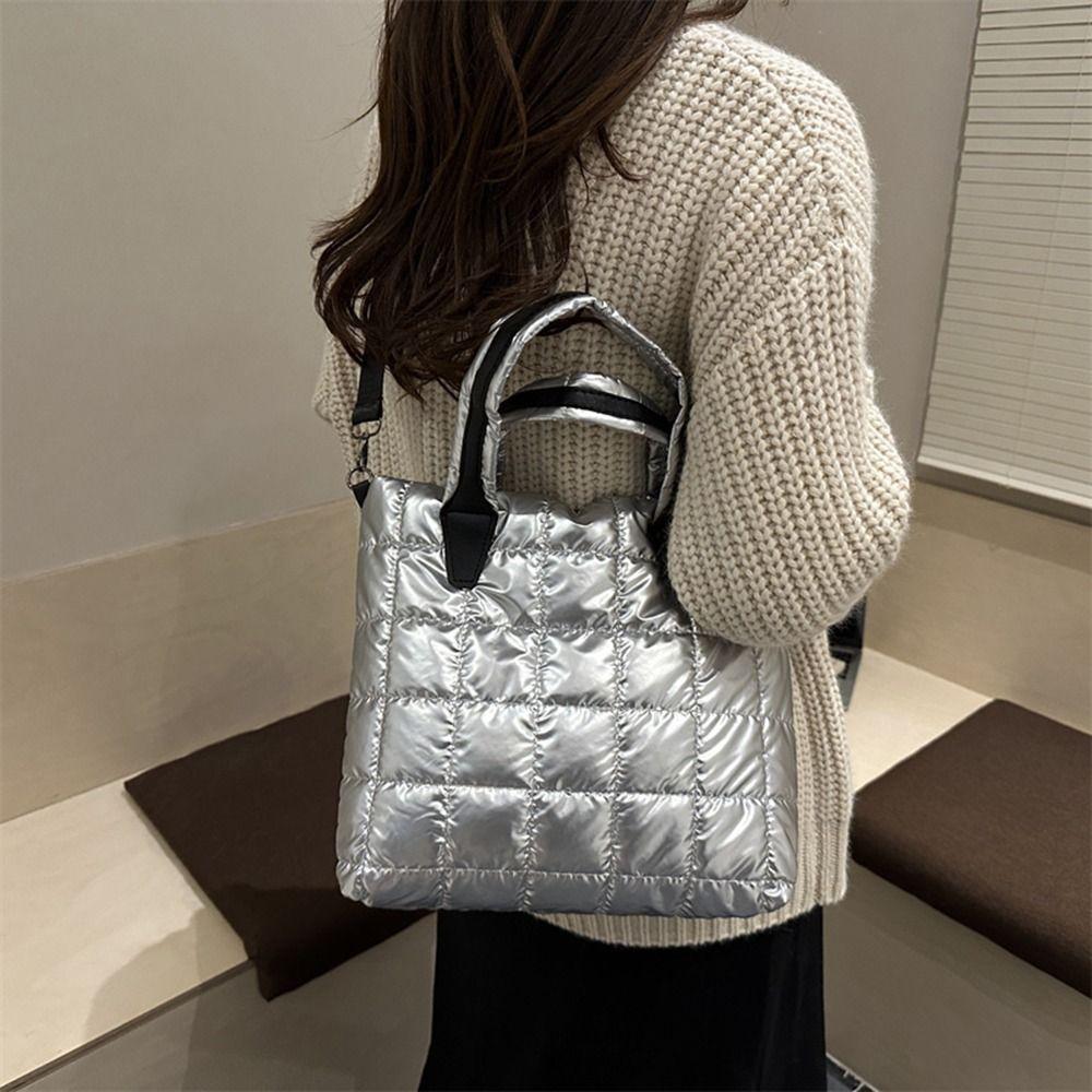 Fashion Solid Color Quilted Tote Bag Waterproof Lightweight Shoulder Bags Large Capacity Puffer Crossbody Bag