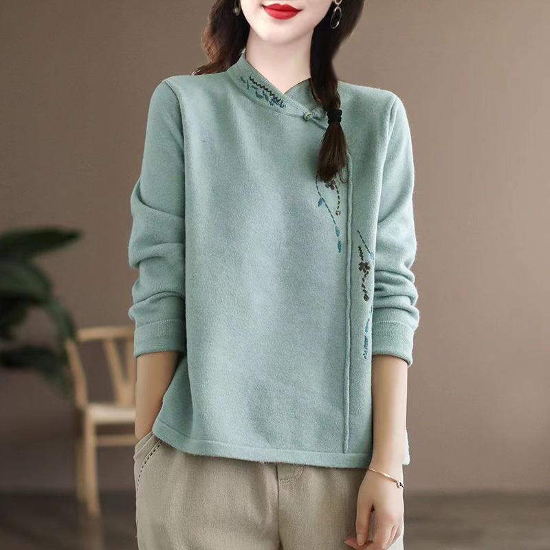 Frauen Vintage Chinesischen Ethnischen Stil Stickerei Elegante Dicke T Shirt Herbst Winter Mode Stehen Kragen Langarm Pullover Tops