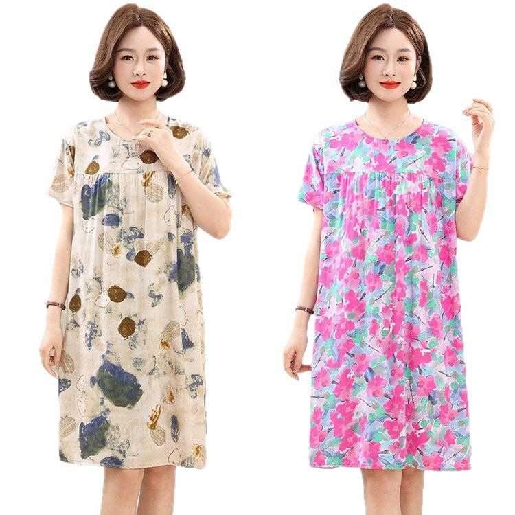 Summer Cotton Silk Knee-Length Floral Dress for Middle-Aged and Elderly Women - Short Sleeved, Lightweight, Plus Size, Loose Fit