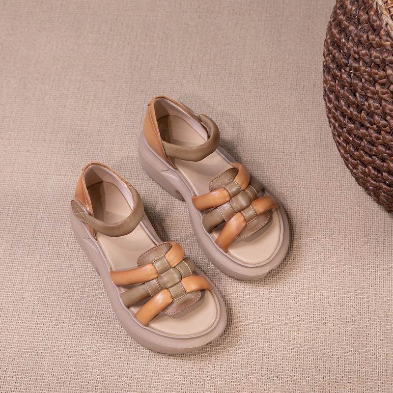 

First layer cowhide sandals women s summer 2025 new leather sports retro ethnic style Velcro platform women s shoes 35