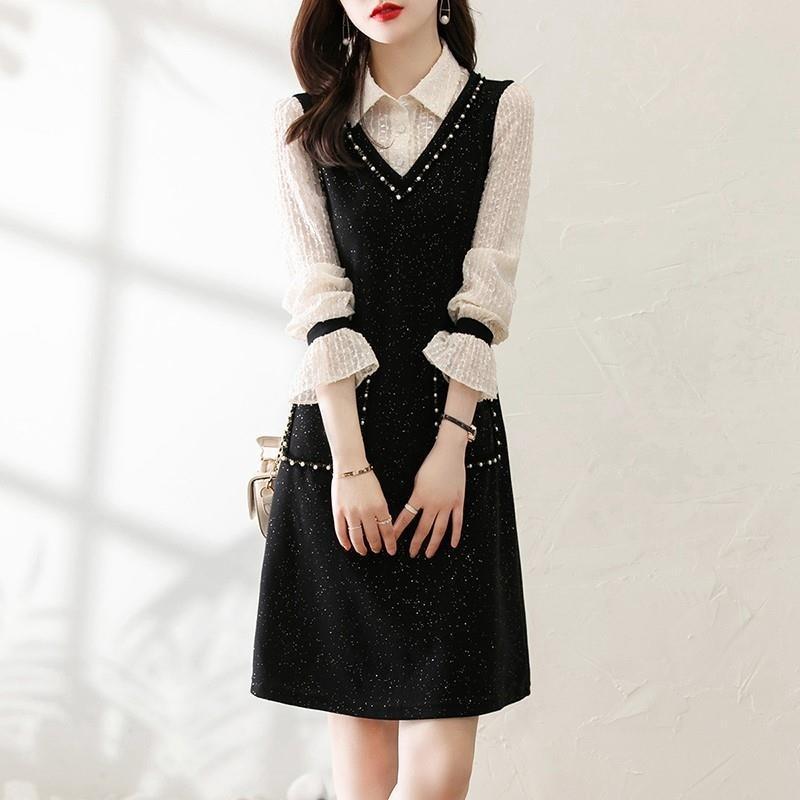 

2026 French Chic Long Sleeve A-Line Dress for Petite Women - Elegant Autumn Two-Piece Style L 40-50 kg чорний